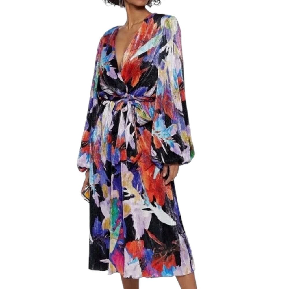 Rebecca Vallance Belladonna Metallic Wrap-Effect Dress Size 6 NWT